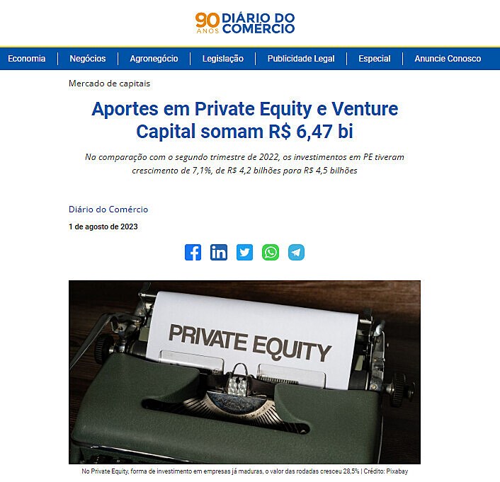 Aportes em Private Equity e Venture Capital somam R$ 6,47 bi
